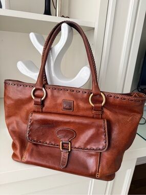 Vintage DOONEY & BOURKE Florentine Leather Whip Stitch Brown Shoulder Tote Purse